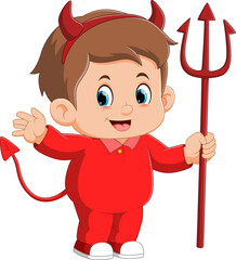 Cartoon little boy in costume devil holding a lucifer