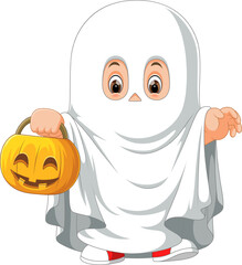 Cute kid in a ghost costume celebrating Halloween