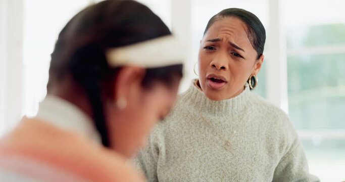 Discipline, upset mother and child bad behaviour with tantrum and angry with parent. Home, conversation and development lesson of mom stress with kid lecture about problem and conflict from fight