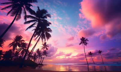 Fototapeta na wymiar Silhouette of palm trees on beach at sunset.