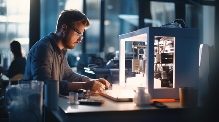 An engineer prints a prototype model on a 3d printer in a laboratory using equipment. Creativity, technology and 3d printing concept.