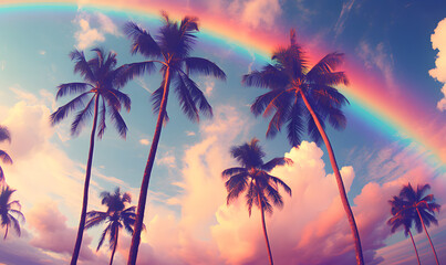 Palm trees and rainbow at sunset.