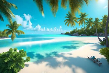 Fototapeta na wymiar a vibrant 3D rendering scene of a tropical paradise beach with turquoise waters, powdery white sand, and palm trees swaying in the breeze.