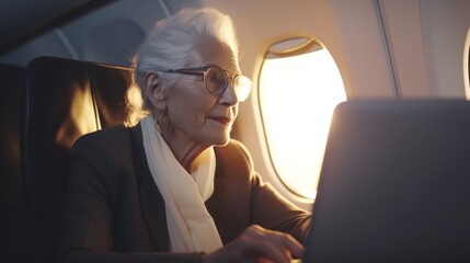 Senior businesswoman travels business class aboard a private jet. Woman works on a laptop near the porthole. Business traveling concept.