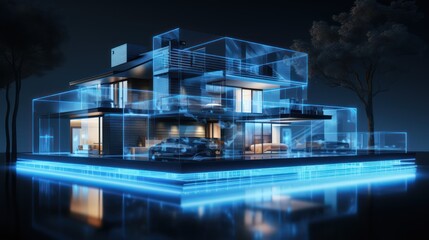 Modern house building technology hologram blue light 