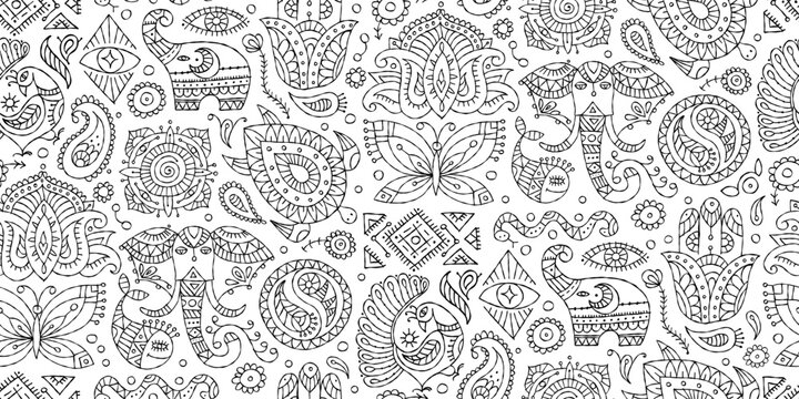 Indian vintage ornament for your design. Esoteric and animals, design elements, Seamless pattern background, colouring page