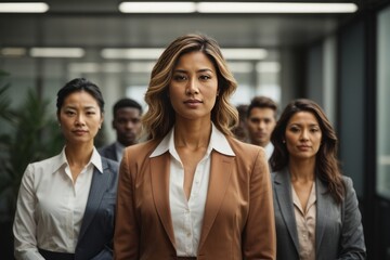 Confident businesswoman standing in front with her team