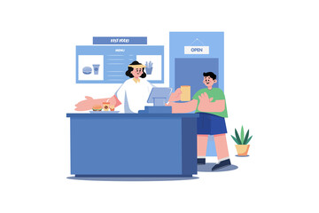 Fast Food Worker serves at a fast-food establishment.