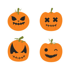 Scary Halloween pumpkin faces. Scary smiles. Evil pumpkin for autumn Halloween celebration. Spooky face on white background isolated. Jack o Lantern decoration for funny halloween