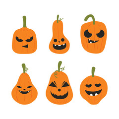 Scary Halloween pumpkin faces. Scary smiles. Evil pumpkin for autumn Halloween celebration. Spooky face on white background isolated. Jack o Lantern decoration for funny halloween