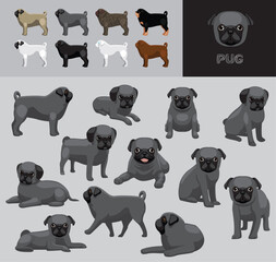 Dog Pug Cartoon Vector Illustration Color Variation Set Blue Coat