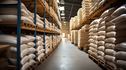 Many sacks of rice with goods in big warehouse for distribution to customer, import export logistics business.