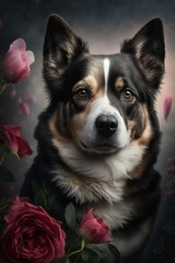 german shepherd in a photo photo session coffee with pink rose in front close-up blue eyes