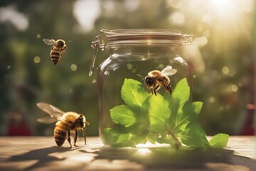 a bee is on a glass jar with green leaves. - Powered by Adobe