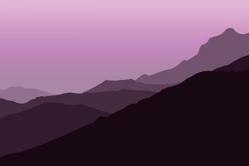 Obraz premium Landscape with mountains. Vector illustration in flat style with purple color.