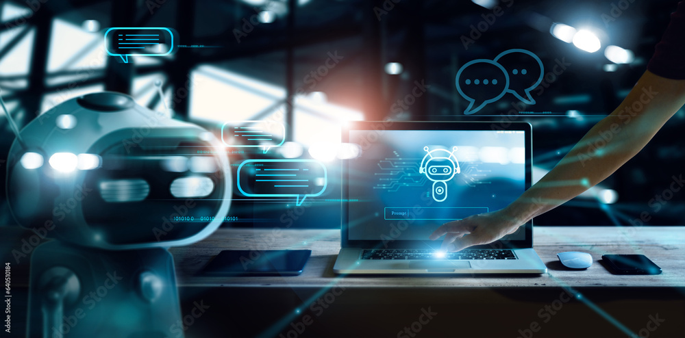 Poster Man connected of data AI. Chatbot on network, AI. Artificial Intelligence communicate and interact with provide smart data, Science, innovative and futuristic technology for business.