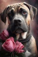 labrador retriever dog looking up surrounded by pink roses, mexcio latin america studio background