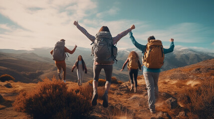 Hiker's Joyful Success Celebration with Group on Mountain Path, Embracing Nature's Beauty