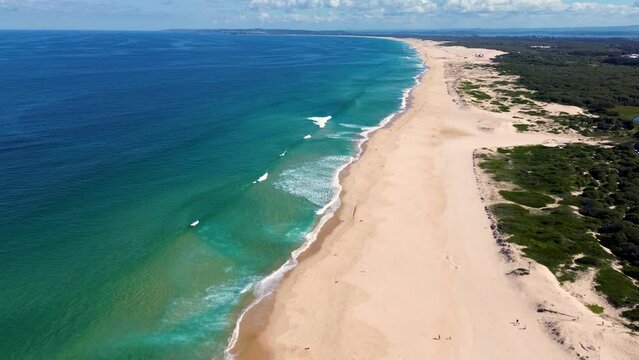 Drone aerial shot of Redhead beach Dudley Blacksmiths beach sea Pacific Ocean waves sand bushland nature travel tourism Newcastle NSW Australia 4K