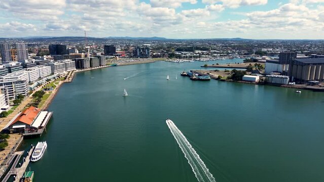 Drone aerial honeysuckle wharf Newcastle harbour channel boat inlet NSW travel tourism Carrington Stockton Hunter River Newcastle Australia 4K