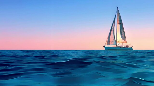 Cartoon animation of small yacht boat sailing at sunset. Sailboat on the right
