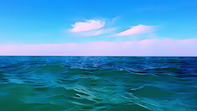 Cartoon animation of sea water surface at sunset. Low-angle personal perspective from boat sailing in open sea