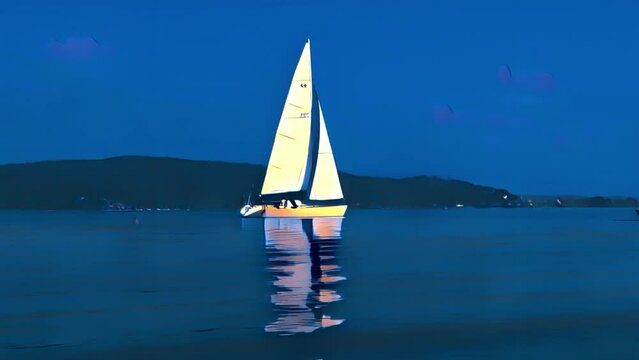 Cartoon animation of small boat sailing at night with dark blue sky and mountains in background