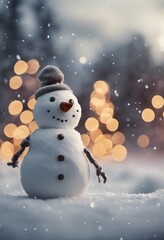 Merry Christmas Poster With a Cute Snowman Outdoors in Winter