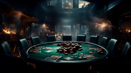 This image shows a poker table with chips and cards