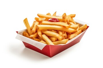 A tub of french fries is isolated on white background