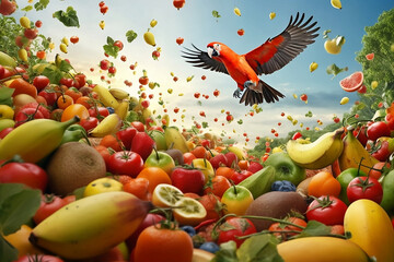 Obraz na płótnie Canvas A load of food, colorful fruits and a parrot bird animal. Generated AI