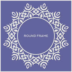 Round frame with swirls, vector ornament, vintage frame. White frame with lace for paper or wood cutting. Ornament of Nomad style. Round decor pattern.	
