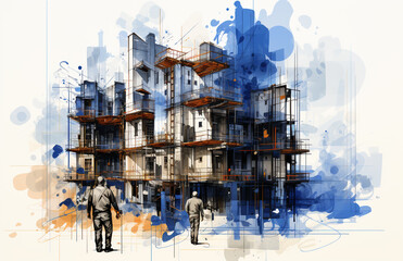 An image of a house under construction and builders, a concept for a new office or modern residence