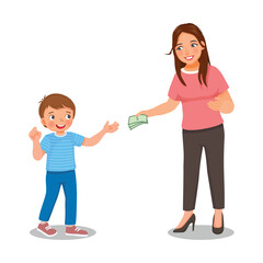 Mother giving money to her son for pocket expenses