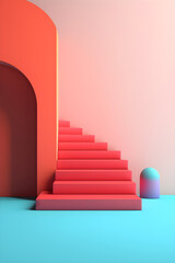 Abstract background with stairs, red arch and blue wall. AI Generative