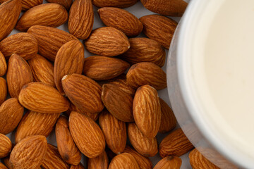 Pile of almonds next to a white cup