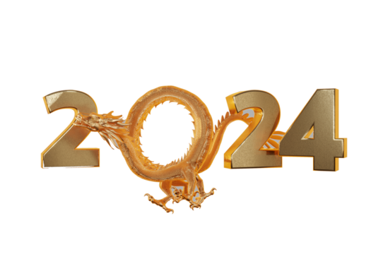 3D Illustration, Happy chinese new year 2024 the golden dragon . 3D 插圖，2024 年農曆新年快樂金龍
