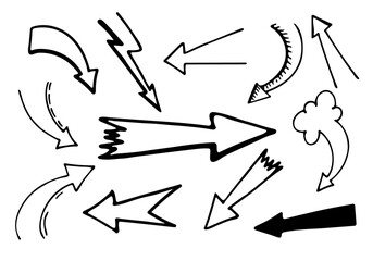 Vector.Arrows Doodle. Arrow Elements Set. Vector cartoon frames. Hand drawn set of icons and frames.Advertising.Text.Comics.Cartoon.Cursor.Pen.