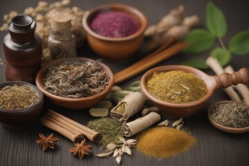 spices and herbs on table background