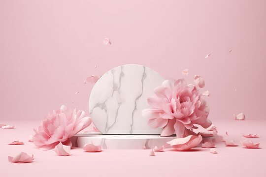premium podium stone template falling nature splay pastel petals blossom 3d marble pink 3d background product flower render pedestal valentine beauty minimal presentation cosmetic peony