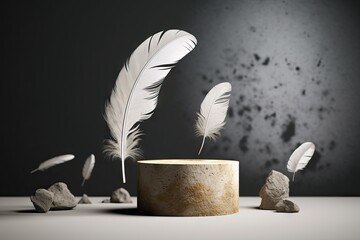 premium podium promotion template cosmetic falling background stone nature shadow 3d product splay minimal gray studio natural 3d beauty dark rock feather empty render stand backdrop
