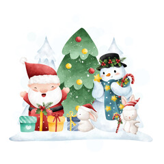 Obraz na płótnie Canvas Watercolor illustration Christmas card with Santa Claus, snowman, rabbit , christmas tree and gift