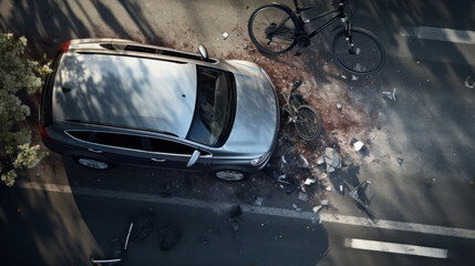 Car and bicycle crash in accident. Top view.