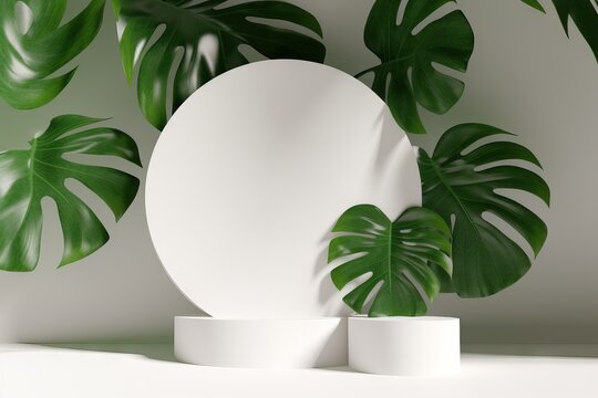 premium podium nature summer stand leaves white splay shadow palm 3d minimalist white 3d green branding background render pedestal exotic cosmetics trendy jungle mockup product monstera