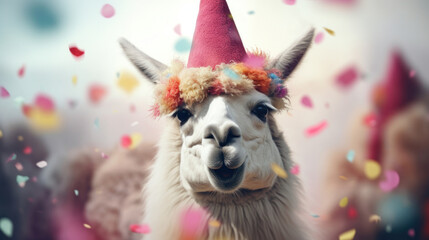 Fototapeta premium Happylama smiling wearing hat with flying confetti. Birthday concept