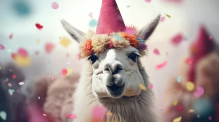 Selbstklebende Fototapete Lama Happylama smiling wearing hat with flying confetti. Birthday concept