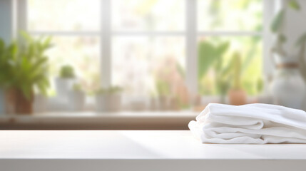 White empty table background on blured laundry background