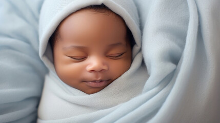 Sleeping african american baby on soft blue background - obrazy, fototapety, plakaty