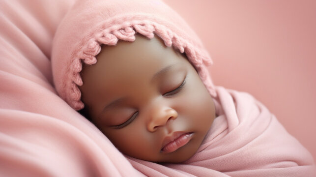 Sleeping african american baby on pink background