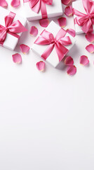 Valentine's Day white background with pink petals rose with gift box top view lay flat